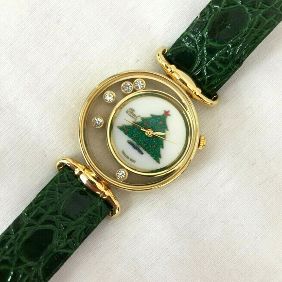 pearl Accessories - Christmas Watch Gold Rhineston Tree Green Leather